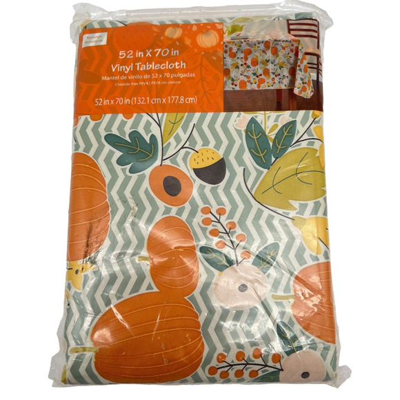 Vinyl Tablecloth 52" x 70" Rectangle Orange Teal Pumpkins Leaves Acorns - Picture 1 of 8